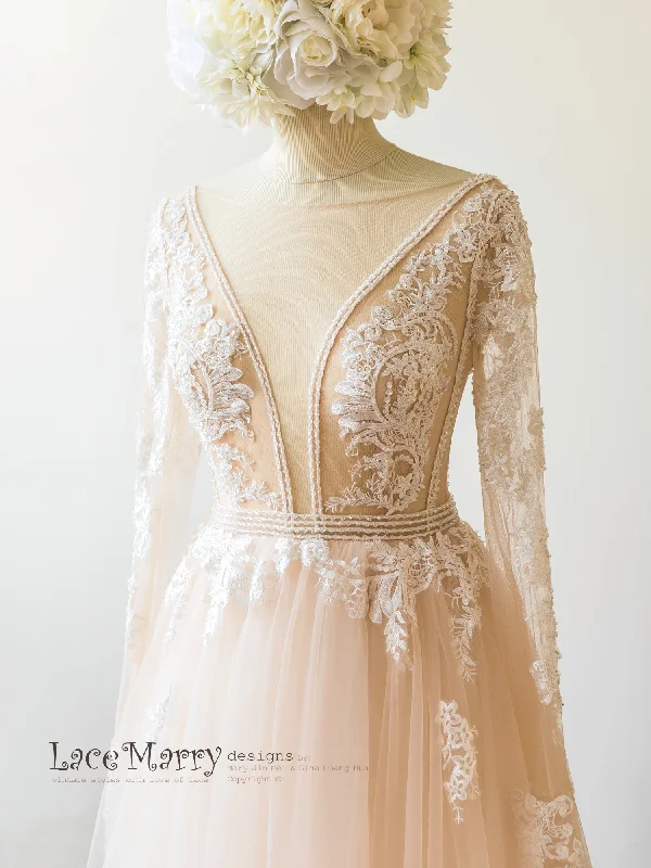 Ombre Wedding Dress in Nude Tulle and Ivory Applique