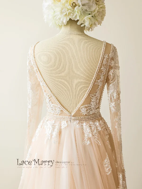 Ombre Wedding Dress in Nude Tulle and Ivory Applique