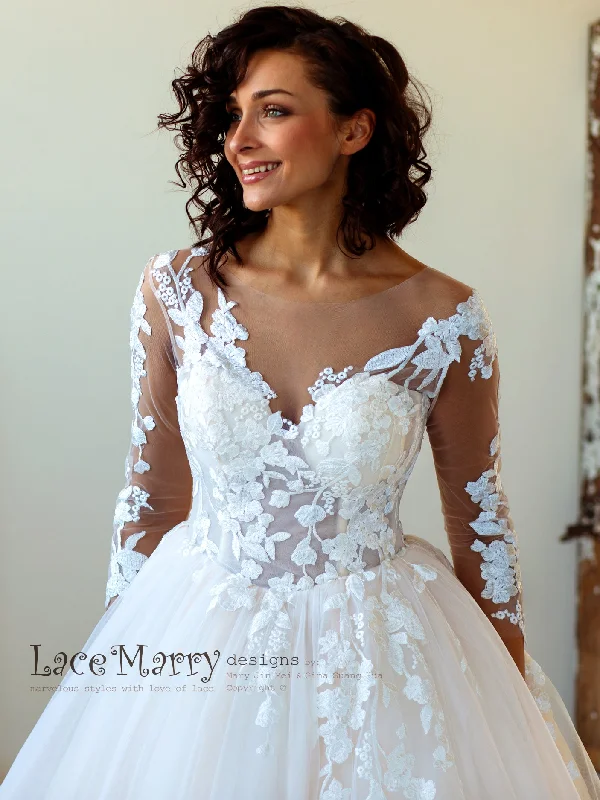 Princess Lace Wedding Dress with Sheer Long Sleeves