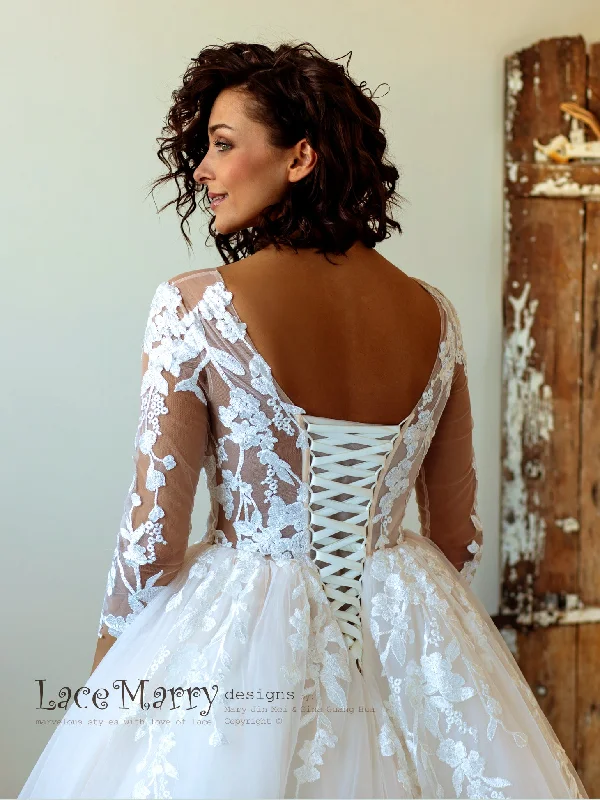 Princess Lace Wedding Dress with Sheer Long Sleeves