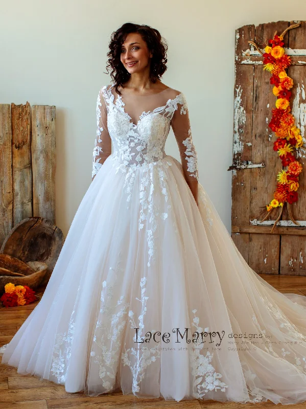 Princess Lace Wedding Dress with Sheer Long Sleeves