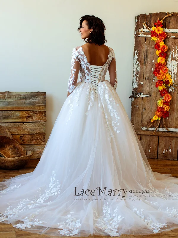 Princess Lace Wedding Dress with Sheer Long Sleeves