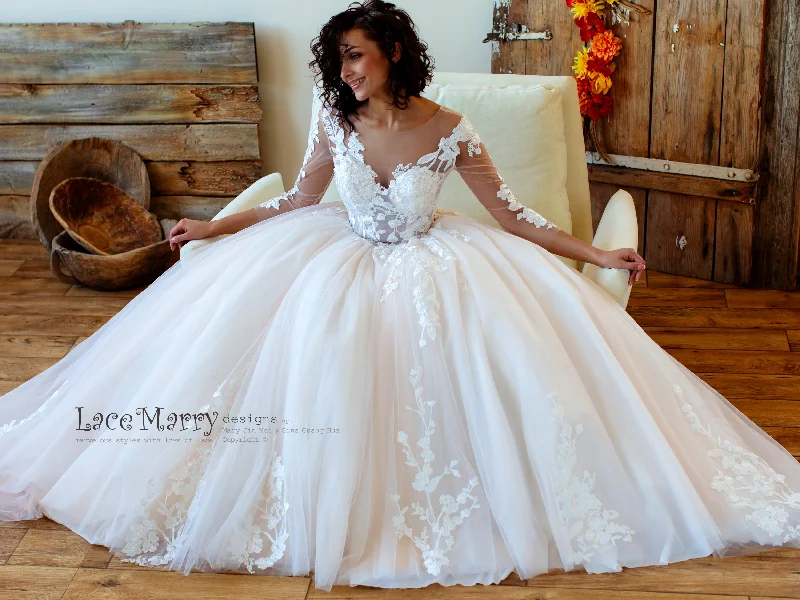 Princess Lace Wedding Dress with Sheer Long Sleeves