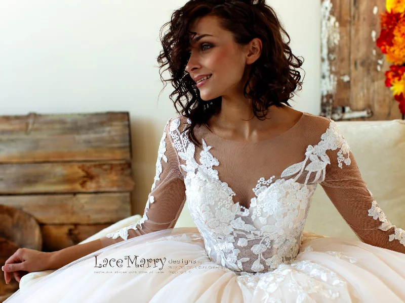 Princess Lace Wedding Dress with Sheer Long Sleeves