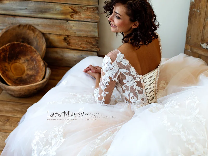 Princess Lace Wedding Dress with Sheer Long Sleeves