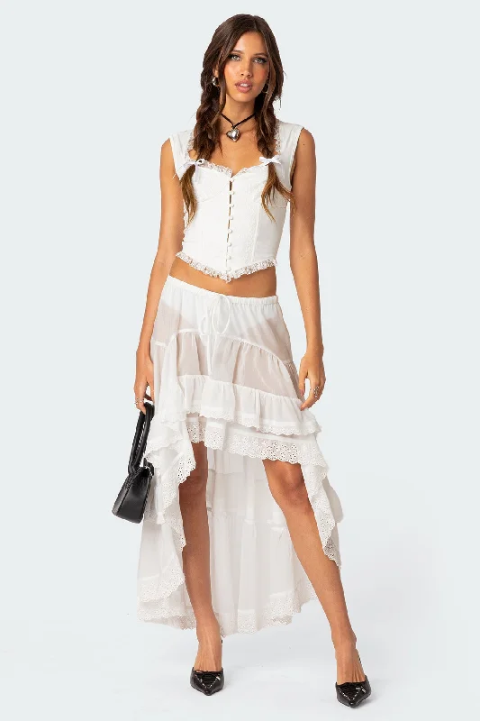 Sheer High-Low Ruffle Maxi Skirt