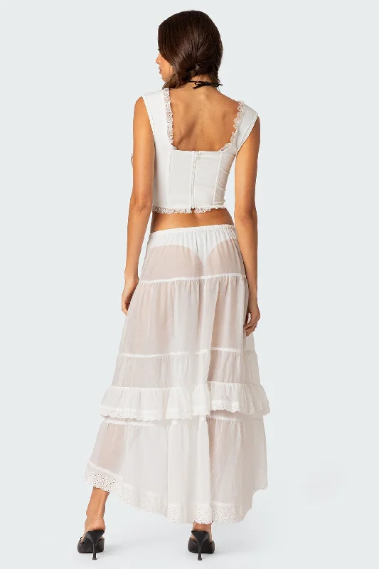 Sheer High-Low Ruffle Maxi Skirt