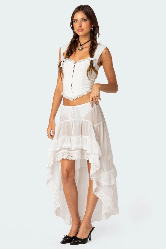 Sheer High-Low Ruffle Maxi Skirt