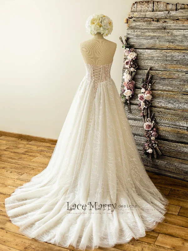 Sparkly Lace Wedding Dress with Strapless Bustier Neckline