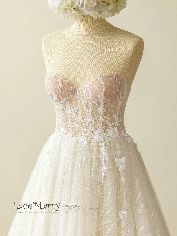 Sparkly Lace Wedding Dress with Strapless Bustier Neckline