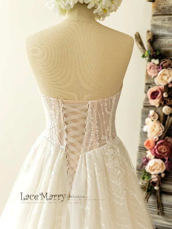 Sparkly Lace Wedding Dress with Strapless Bustier Neckline