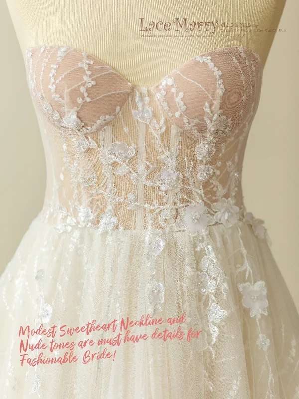 Sparkly Lace Wedding Dress with Strapless Bustier Neckline