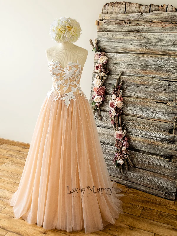 Strapless Nude Wedding Dress with Swirl Lace Top