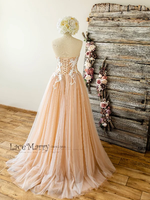 Strapless Nude Wedding Dress with Swirl Lace Top