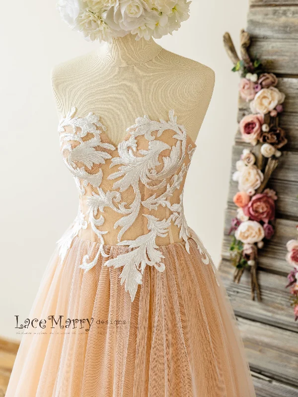 Strapless Nude Wedding Dress with Swirl Lace Top