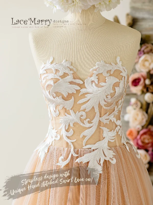 Strapless Nude Wedding Dress with Swirl Lace Top