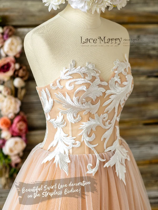 Strapless Nude Wedding Dress with Swirl Lace Top