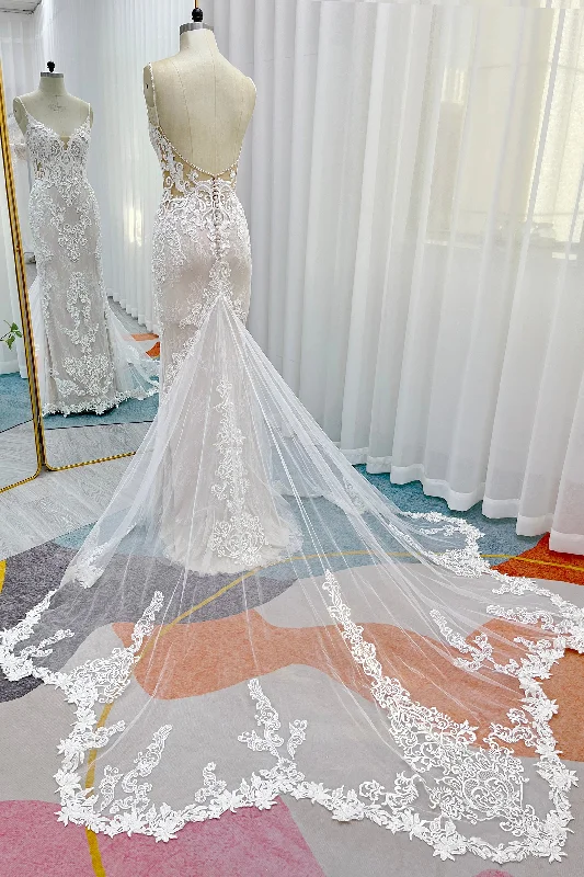 Trumpet-Mermaid Chapel Train Lace Tulle Wedding Dress CW3249