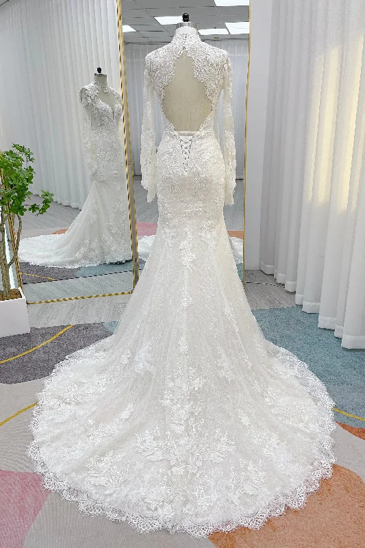 Trumpet-Mermaid Chapel Train Lace Tulle Wedding Dress CW3257