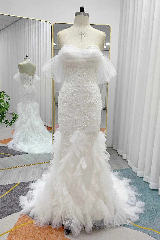 Trumpet-Mermaid Court Train Lace Tulle Wedding Dress CW3253