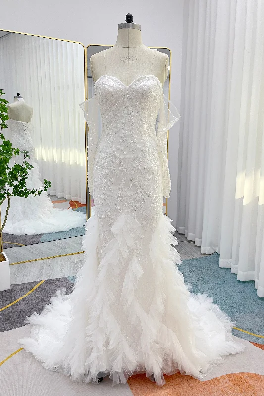 Trumpet-Mermaid Court Train Lace Tulle Wedding Dress CW3253