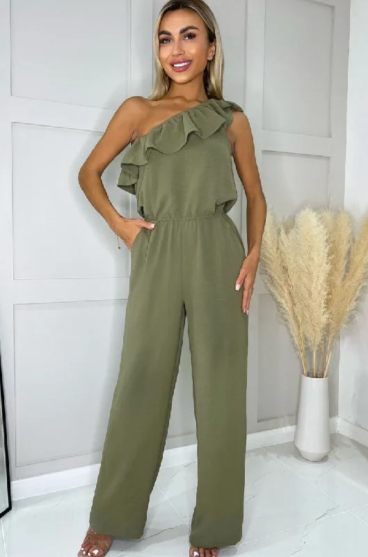 AX Paris Hilary Khaki One Shoulder Jumpsuit