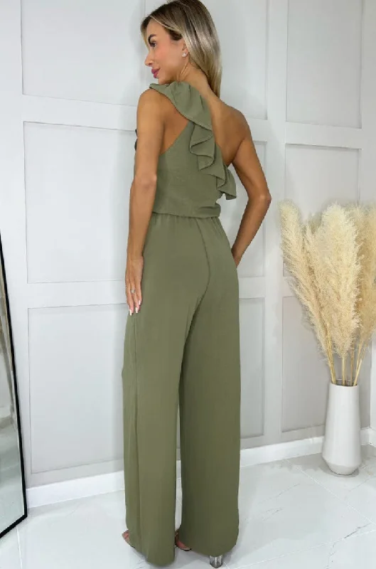 AX Paris Hilary Khaki One Shoulder Jumpsuit