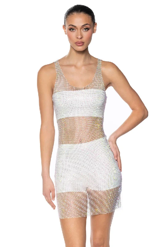 AYLA RHINESTONE MESH MIDI DRESS IN WHITE