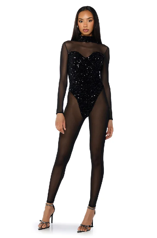 BAD GIRL SEQUIN MESH JUMPSUIT IN BLACK