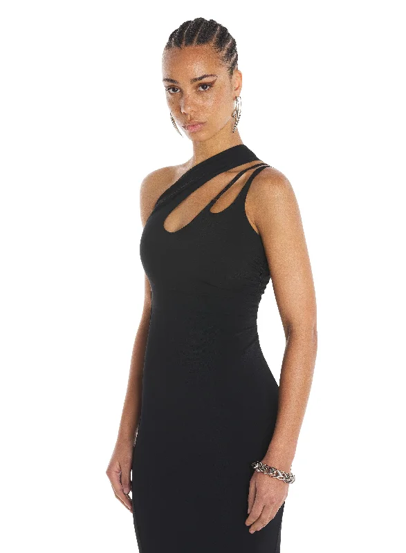 black asymmetric shoulder dress