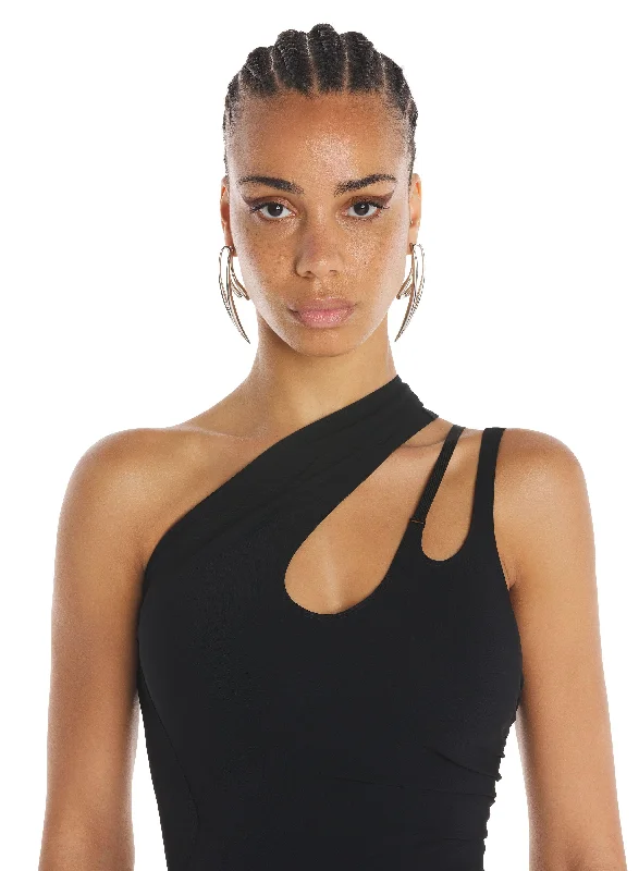 black asymmetric shoulder dress