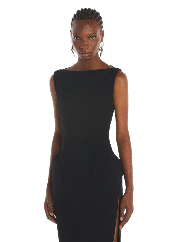 black tailored boat neck dress