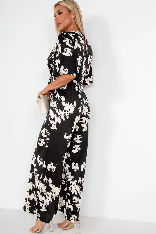 Girl In Mind Viola Monochrome Satin Floral Jumpsuit