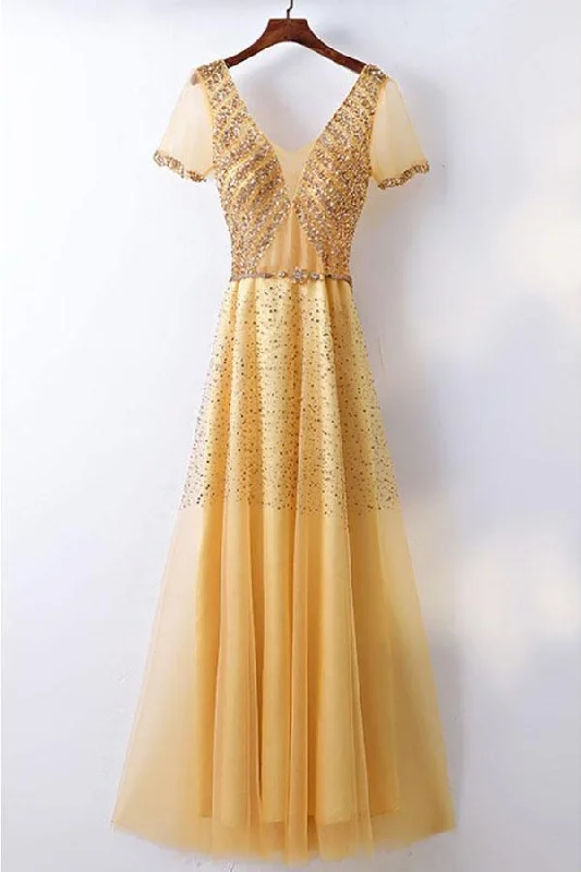 Find the Best Deals Here!A-line Bling Bling Sparkly Gold Formal Prom Dress With Sleeves PG614