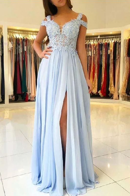 Buy More, Save More!A-Line Cold Shoulder Light Blue Chiffon Prom Dress with Appliques PG610