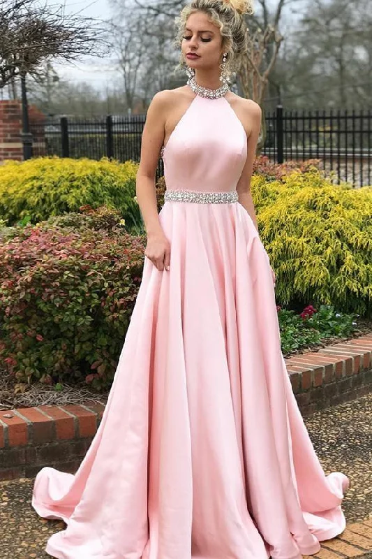 Best Deals Just for You!A-Line Pink Satin Open Back Sleeveless Prom Dress with Beading PG602