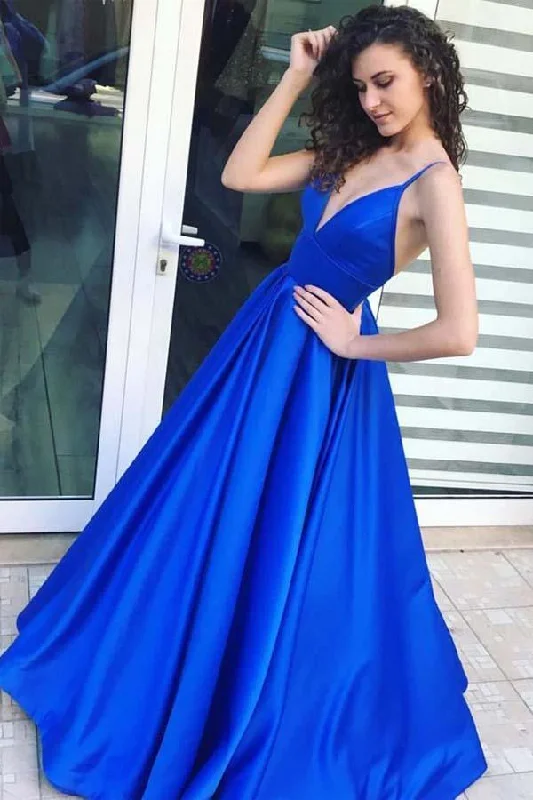 Your Dream Deal is Here!A-Line Spaghetti Straps Floor-Length Royal Blue Satin Prom Dress PG604