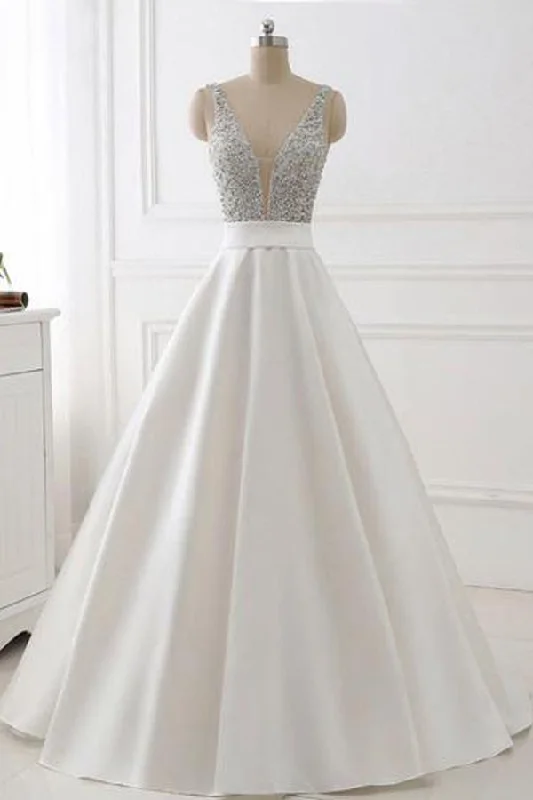 Don’t Wait – Shop Today!A-line V-neck Beaded Top Ivory Satin Long Prom/Evening Dress PG601