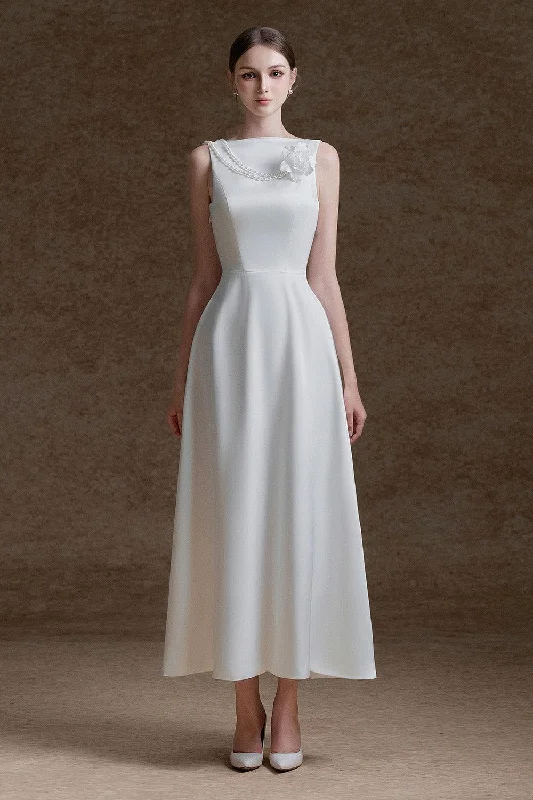 Limited Stock Available!Alida A-line Boat Neck Twill Silk Ankle Length Dress