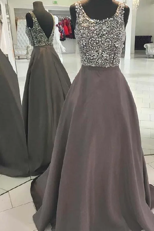 Special Discounts Inside!Backless Grey Beaded V Neck A-line Long Evening Prom Dresses  PG578