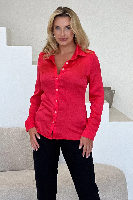 Special Discounts Inside!Carlie Satin Long Sleeve Shirt in Coral