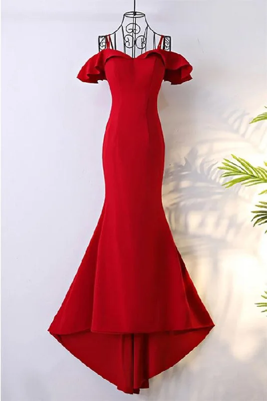 Today Only – Don’t Miss It!Off Shoulder Classy Long Red Mermaid Prom Dress With Train PG596