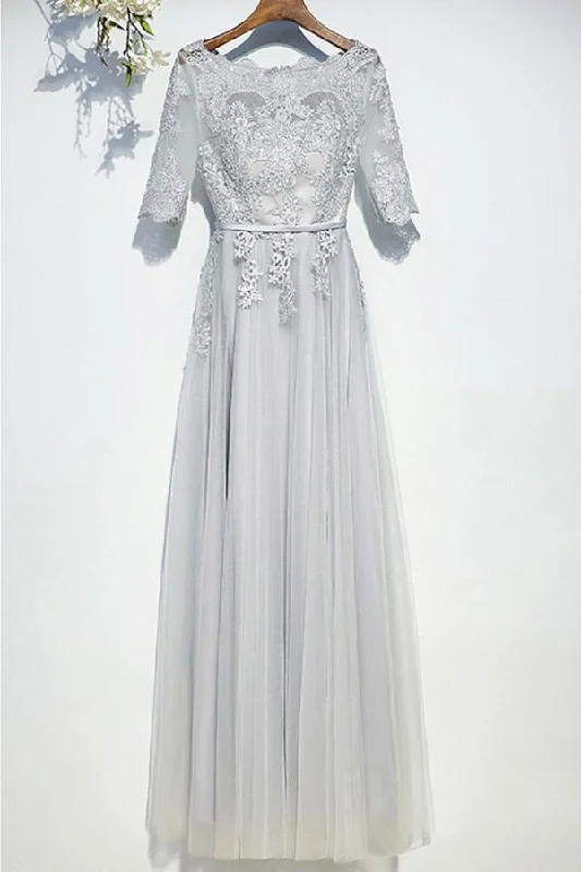 One Click Away from Big Savings!Classy Silver Flowy Long Tulle Prom Dress With Short Sleeves PG599