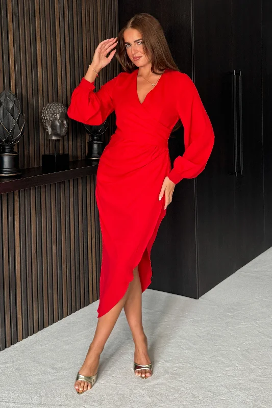 Special Discounts Inside!Elsa Long Sleeve Wrap Asymmetric Red