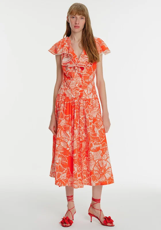 Stock Up and Save!Exquise Ruffle Neck Floral Maxi Dress, Orange