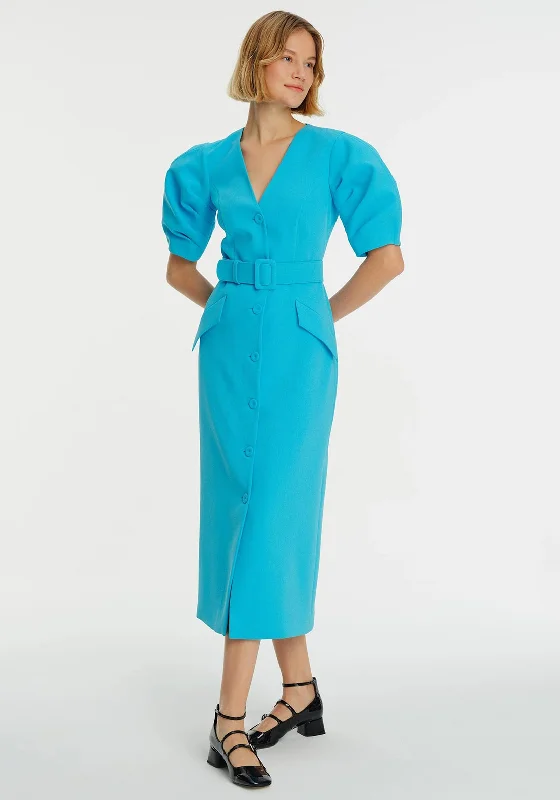 One Day Only – Huge Savings!Exquise Belted Puff Sleeve Maxi Dress, Blue