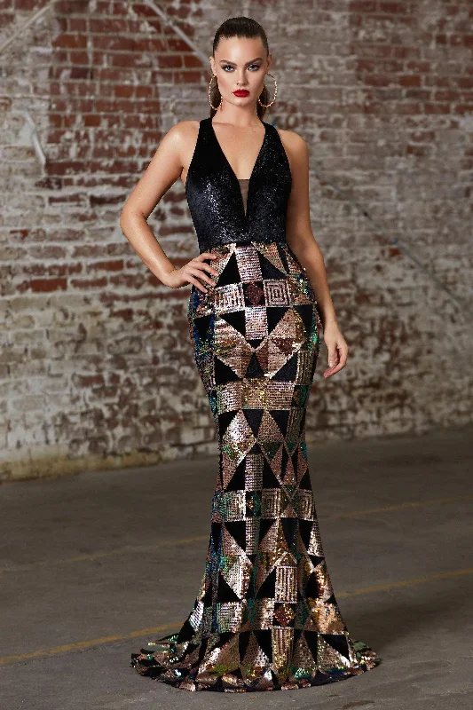 Bigger Savings, Better Shopping!Cinderella Divine B60217 Formal Halter Fitted Geometric Print Long Prom Gown Sale