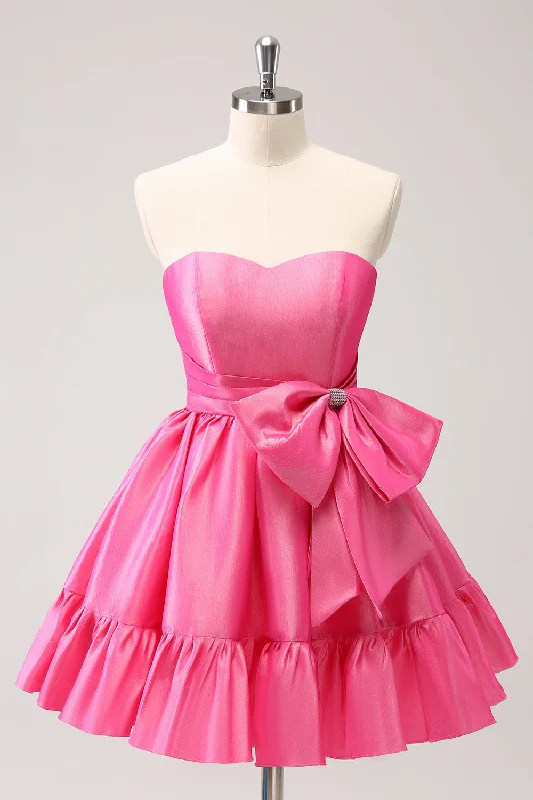 Hottest Discounts of the Year!Fuchsia A-Line Strapless Ruffle Short Graduation Dress with Bow