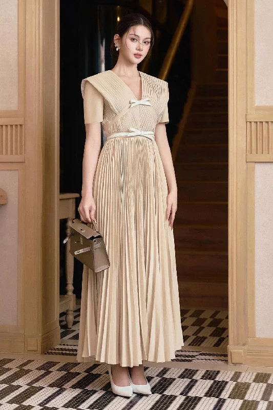 Limited-Time Price Drop!Giny Pleated Short Sleeved Linen Cotton Ankle Length Dress