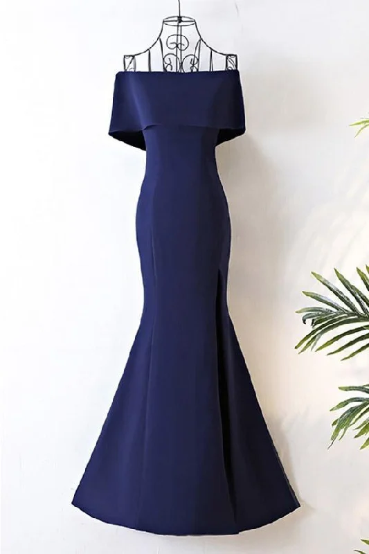 Get More, Spend Less – Shop Now!Long Navy Blue Satin Mermaid Forma/Prom Dress Off The Shoulder PG613